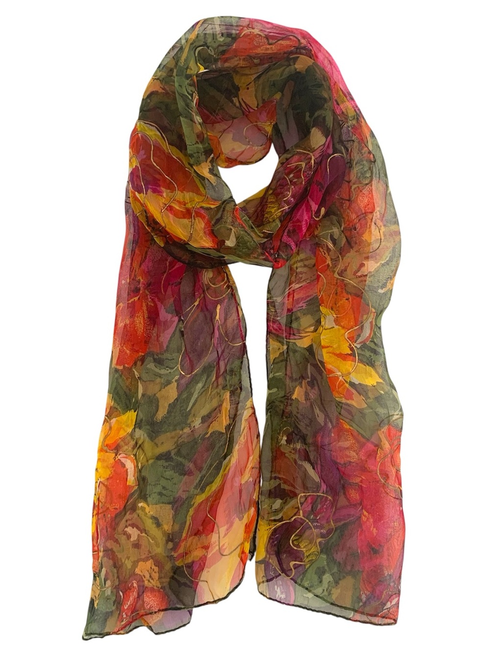 Vintage Sheer Floral Scarf Gold Metallic Detail Boho Lightweight Wrap
